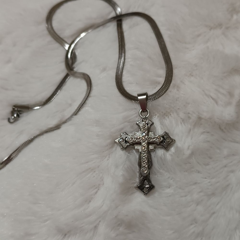 Silver Rhinestone Cross Necklace - Picture 2 of 7